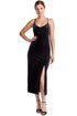 Peach Dionysus Elle Velvet Slip Dress with scooped back and thigh-high slit, elegant evening dress with soft velvet fabric.