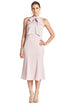 Peach Dionysus Eloise Dress in stretch satin midi mermaid style with a neck tie and rose detail, showcasing elegant evening wear.