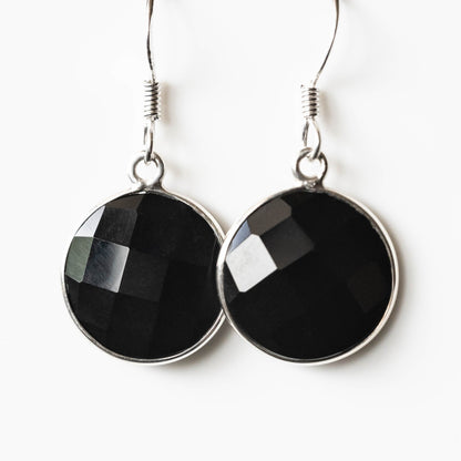 Emily Black Onyx round drop earrings by Sapphire Maple featuring polished black onyx stones and elegant gold-tone settings