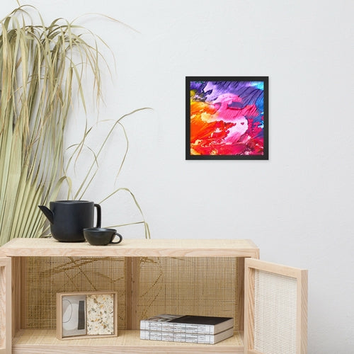 Rainbow Waves framed poster by Pear Alder, vibrant abstract home decor on enhanced matte paper in a black 12x12 frame.