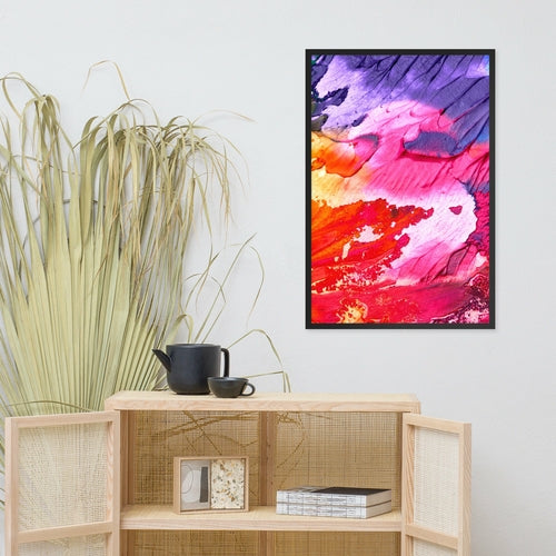 Rainbow Waves framed poster by Pear Alder, vibrant abstract art on enhanced matte paper, black frame, 24x36 inches.