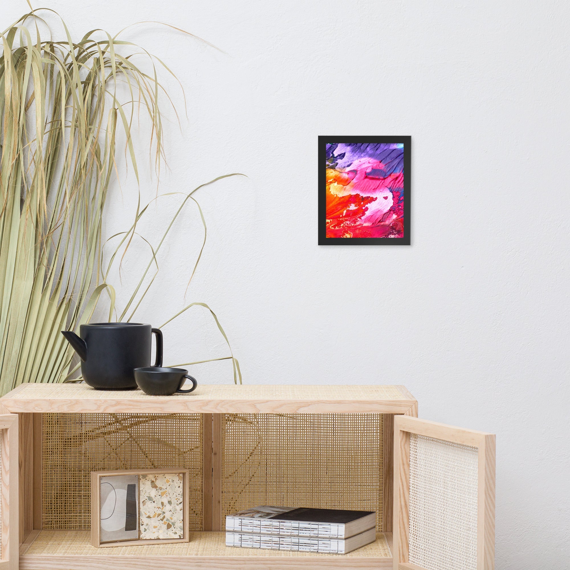 Rainbow Waves framed poster by Pear Alder, vibrant abstract home decor on enhanced matte paper in a black frame, 8x10 inches.