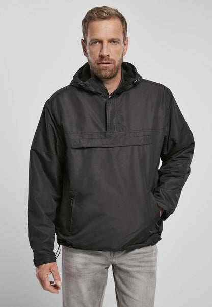 Callisto Essential Windbreaker jacket in black, lightweight with hood, shown on a hanger. Perfect for outdoor weather protection.
