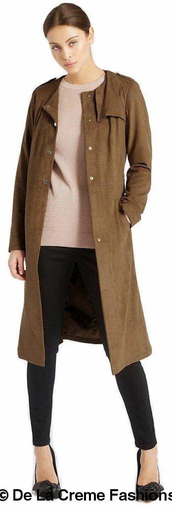 Women’s tan brown suede longline duster coat by Rose Eleusis, stylish jacket with a flowy silhouette and textured fabric.