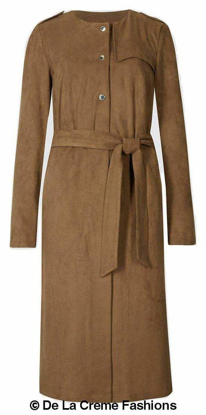 Womens tan brown suedette longline duster coat by Rose Eleusis, stylish jacket with a relaxed fit and long sleeves.