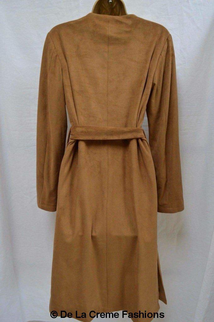 Womens tan brown suede longline duster coat by Rose Eleusis, stylish jacket with a sleek, flowing silhouette and textured finish.