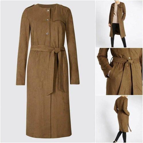 Womens tan brown suedette longline duster coat by Rose Eleusis, stylish jacket with a soft textured finish and classic design.