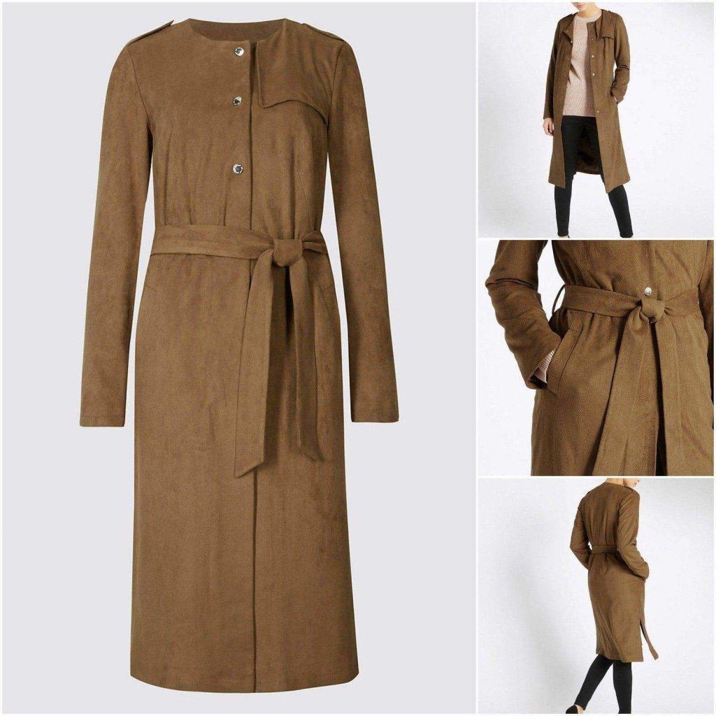 Tan brown suedette longline duster coat for women by Ex Per Una, styled as a lightweight jacket or coat in a natural pose.