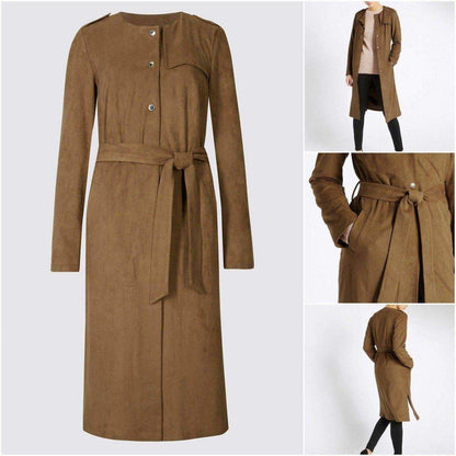 Tan brown suedette longline duster coat for women by Ex Per Una, styled as a lightweight jacket or coat in a natural pose.