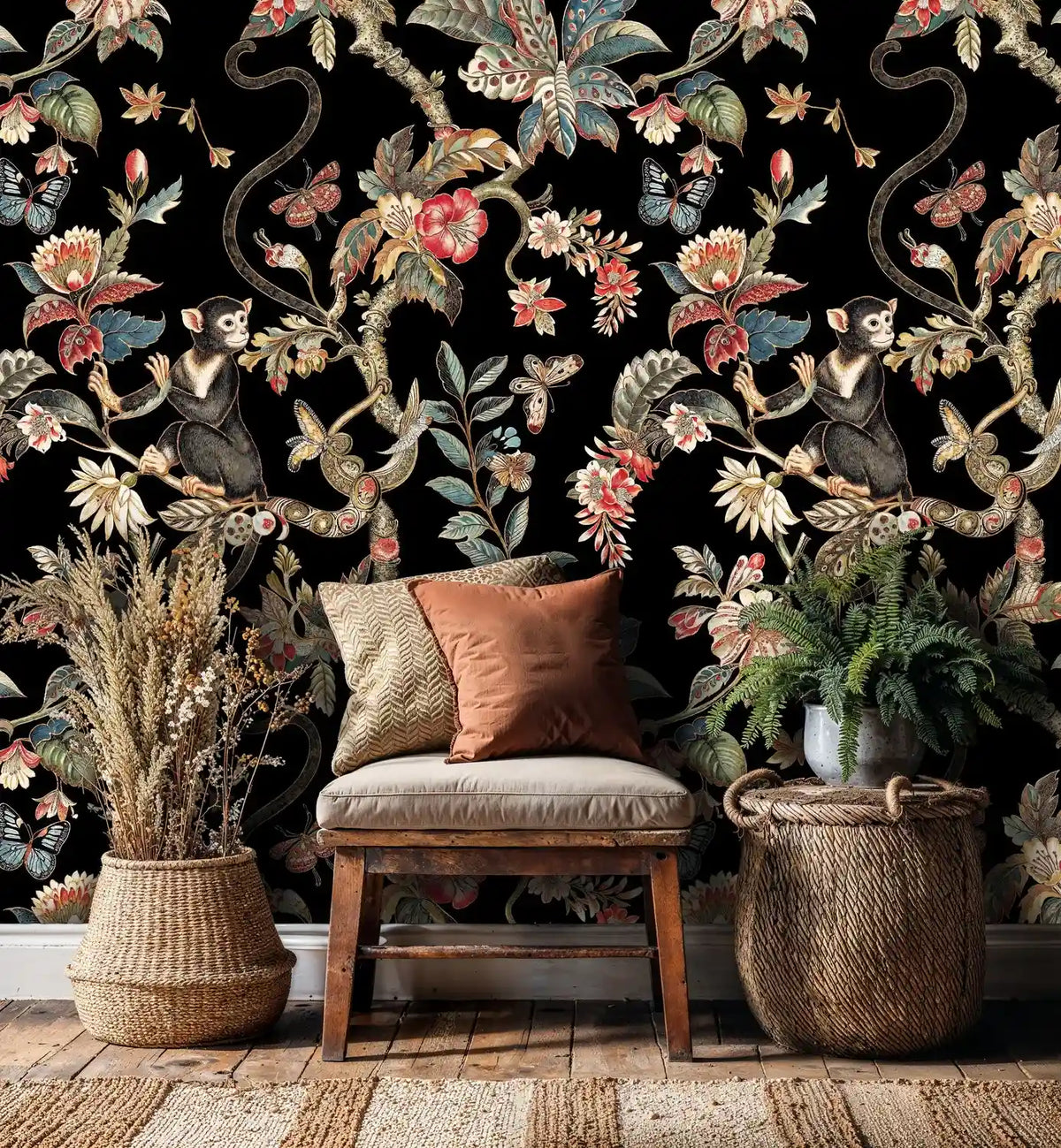 Exotic Monkey and Floral Wallpaper