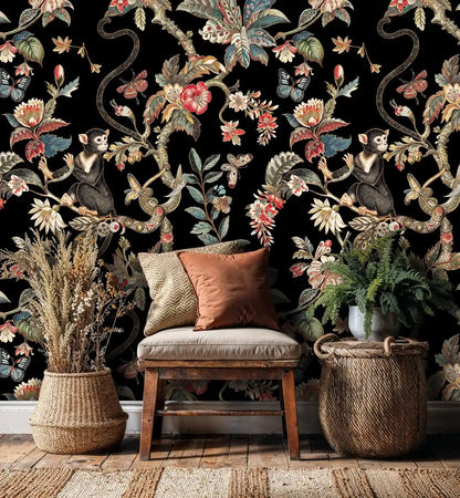 Exotic Monkey and Floral Wallpaper