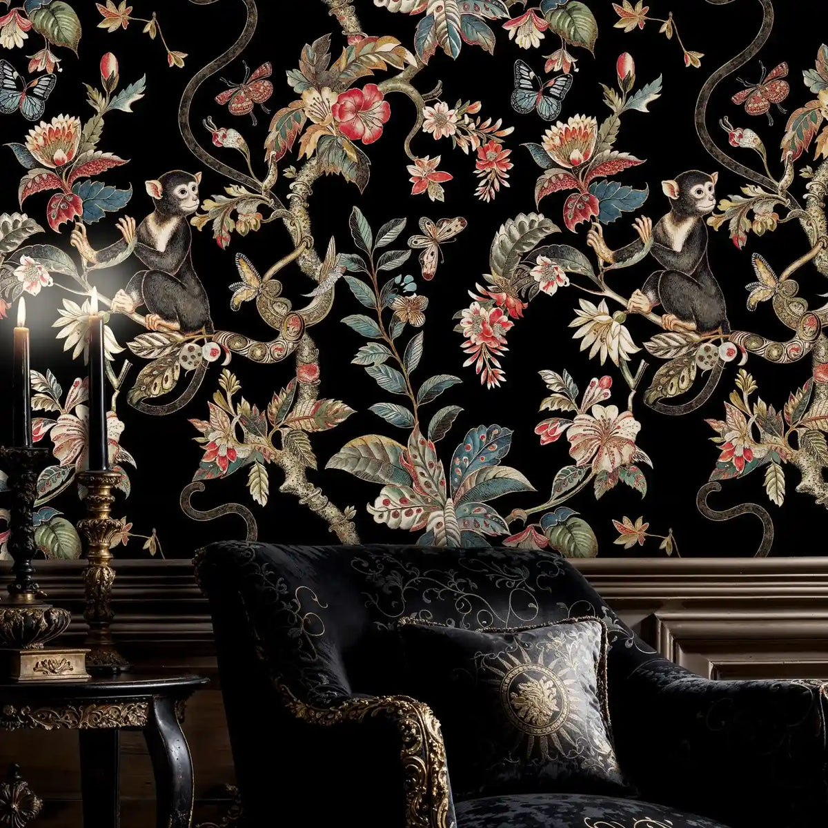 Exotic Monkey and Floral Wallpaper