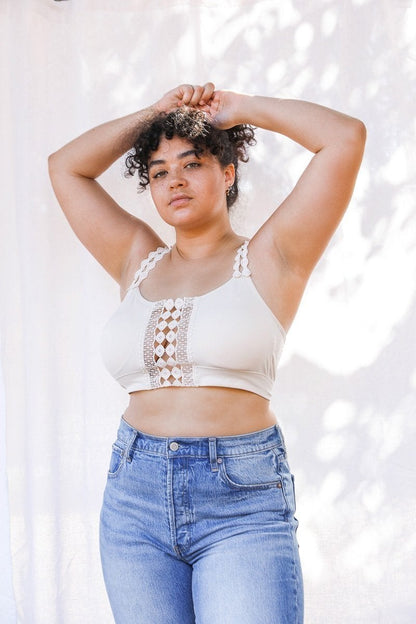 Ecru Eye Lace Applique Bralette by Periwinkle Aether featuring delicate lace details and a soft, feminine design.