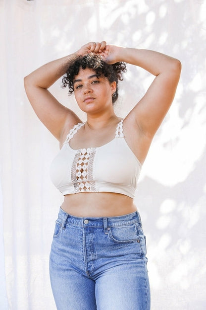 Ecru Eye Lace Applique Bralette by Periwinkle Aether, showcasing delicate lace and intricate eye lace design on soft fabric
