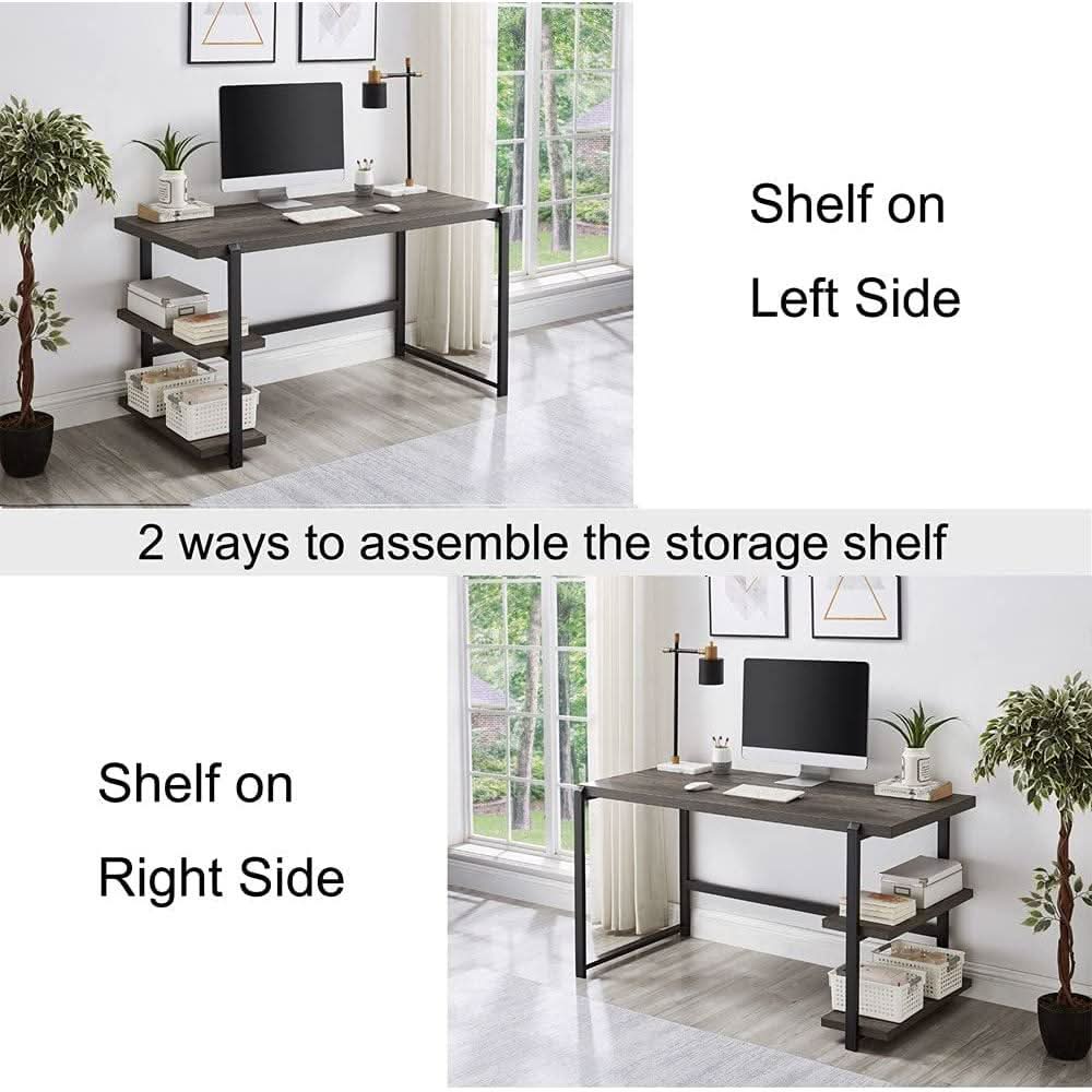 Grey Wood Rustic Industrial Computer Desk With Two Shelves