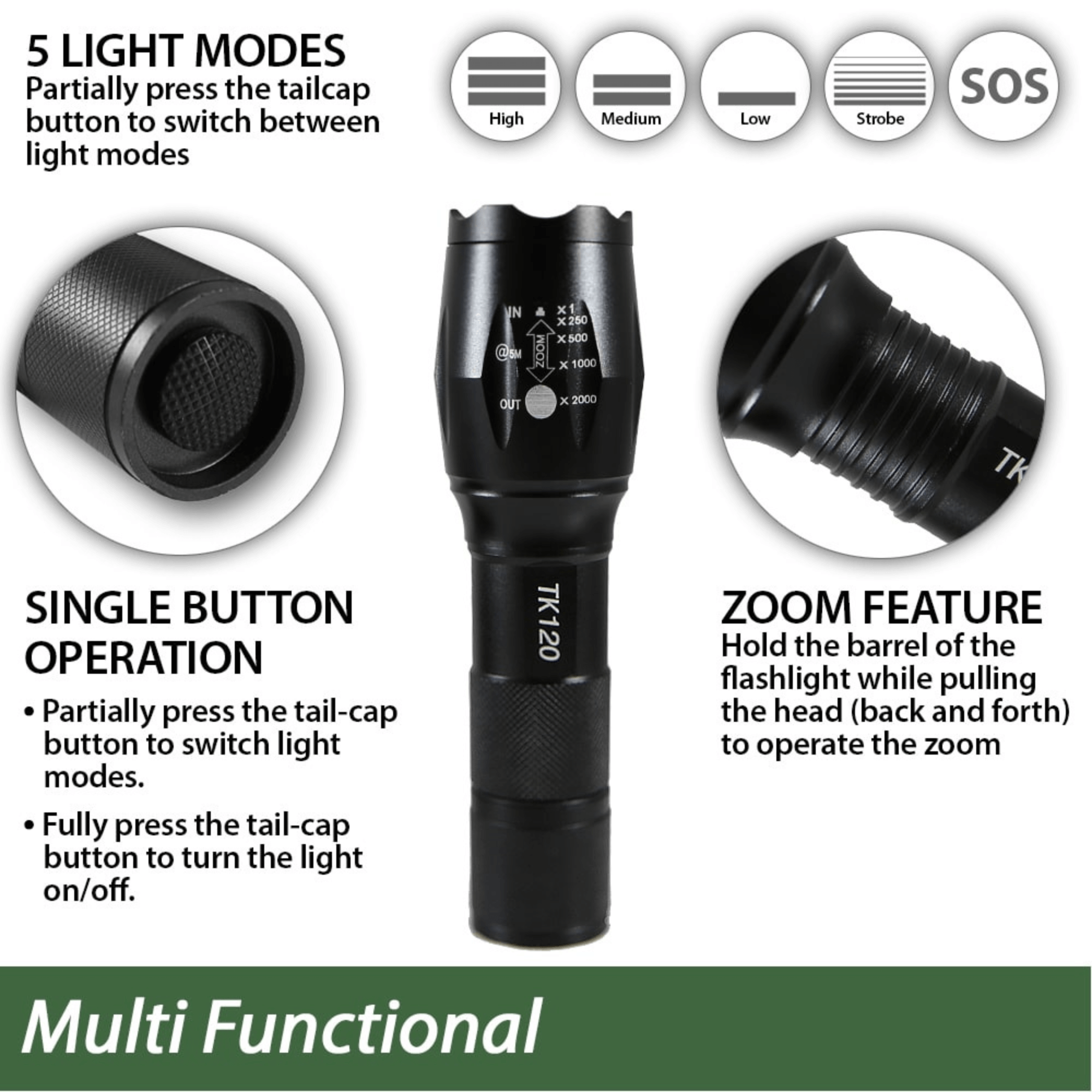 Black Lavender EcoGear FX TK120 LED tactical flashlight with strobe mode, ideal for camping and outdoor adventures.