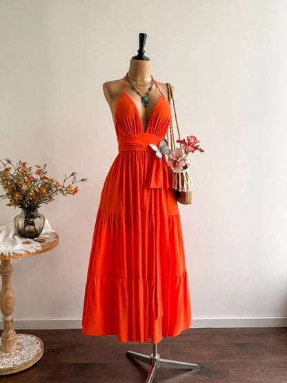Pear Daisy halter neck tiered dress for home and garden, featuring layered fabric and stylish design.