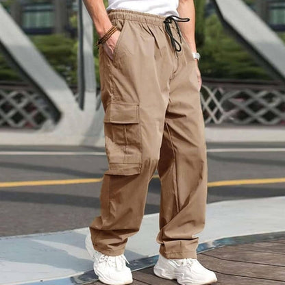 Carmine Juneberry casual cargo pants for men with loose fit, straight style, drawstring waist, and multiple functional pockets.