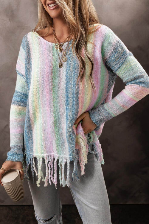 Purple color block fringed drop shoulder sweater by Carmine Juneberry, featuring a relaxed fit and stylish design.