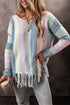 Purple color block fringed drop shoulder sweater by Carmine Juneberry, featuring a relaxed fit and stylish design.