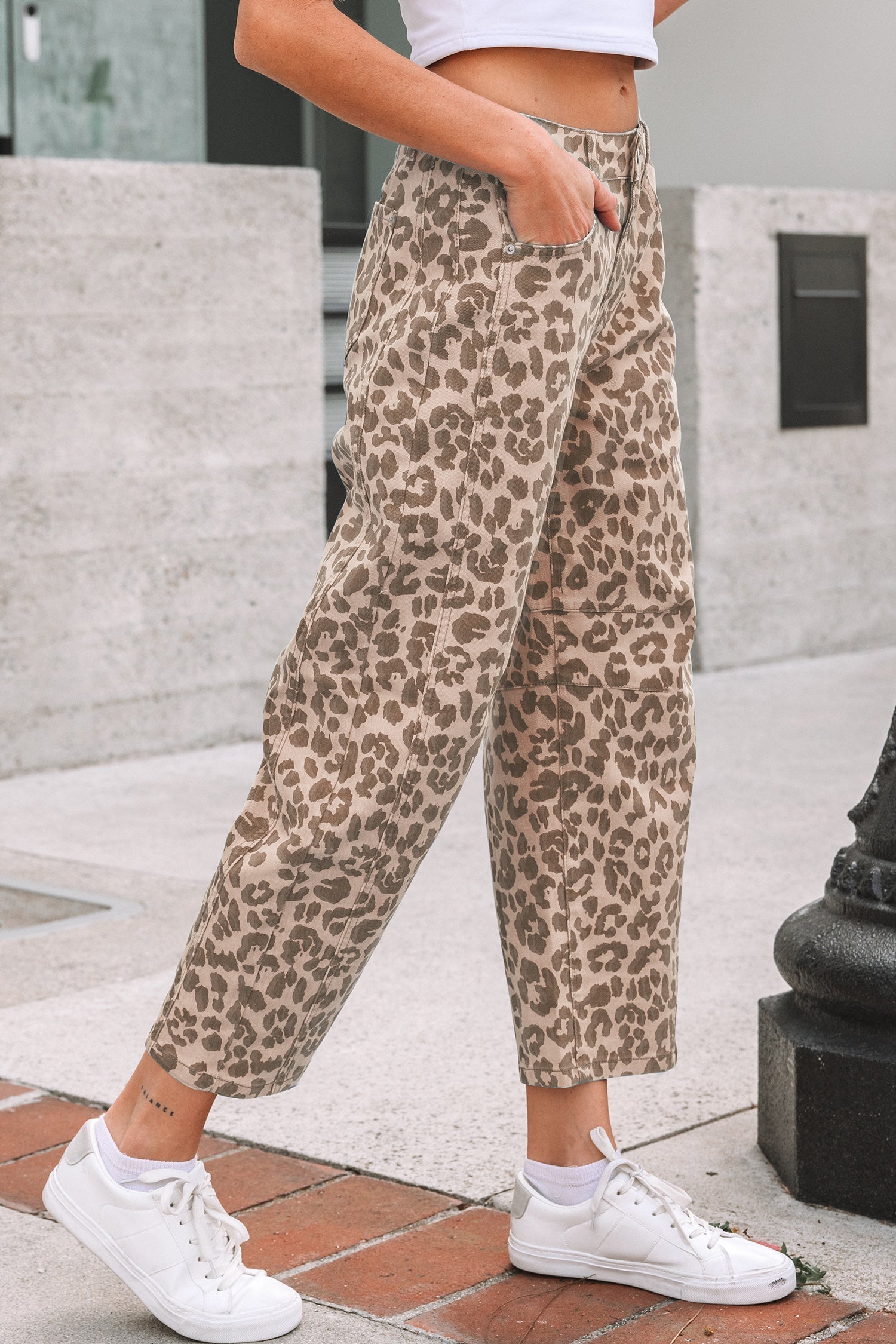 Leopard print high waist straight jeans for women by Byzantium Bay, showcasing a fitted waist and classic straight-leg style.