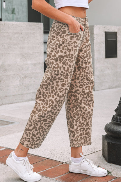 Leopard print high waist straight jeans for women by Byzantium Bay, showcasing a fitted waist and classic straight-leg style.