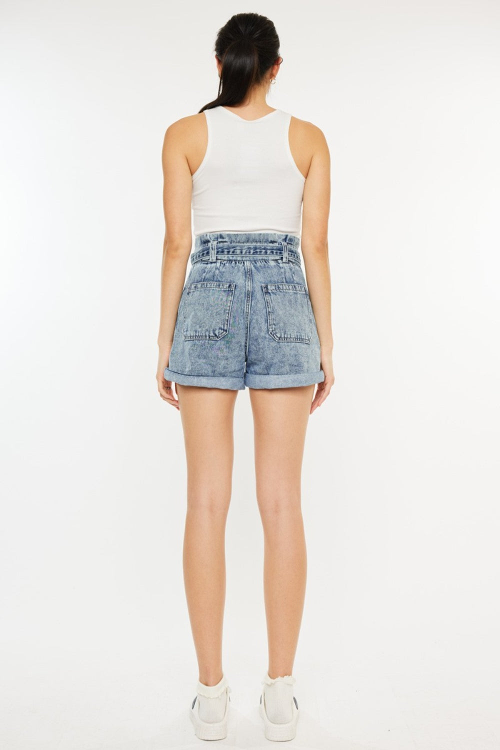 Jade Icarus Kancan ultra high rise paperbag denim shorts with belt loops and distressed details, styled for casual summer wear.