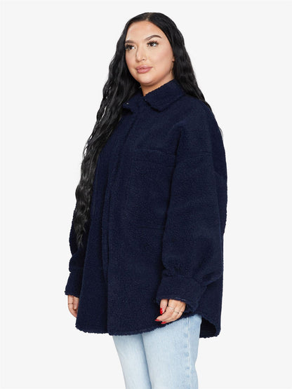Rose Eleusis oversized patch pocket borg teddy shacket, cozy jacket with large patch pockets and plush borg fabric, casual and warm.