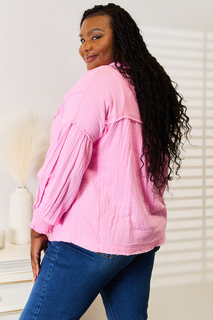 Pear Daisy Double Take Exposed Seam Buttoned Notched Neck Blouse for women, featuring a stylish design and tailored fit.
