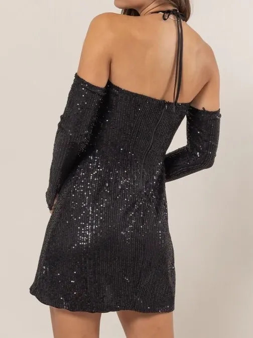 Jade Icarus HYFVE Sequin Rosette Halter Mini Dress with shimmering sequins and rosette details, stylish and eye-catching.