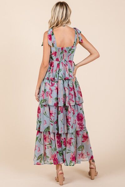 Jade Icarus Mittoshop layered floral sweetheart neck maxi dress for women, featuring a flowy skirt and floral print.
