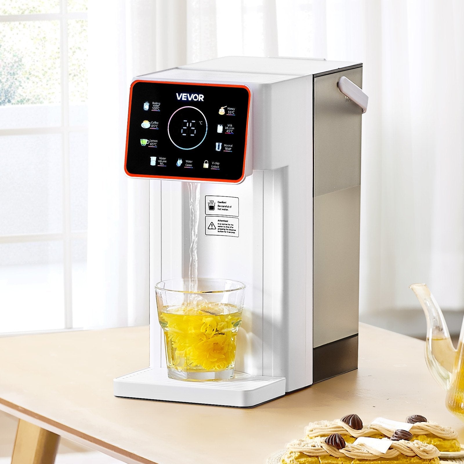 Pear Daisy countertop hot water dispenser with digital display, showing 6 temperature settings and 7 volume options on a kitchen countertop.