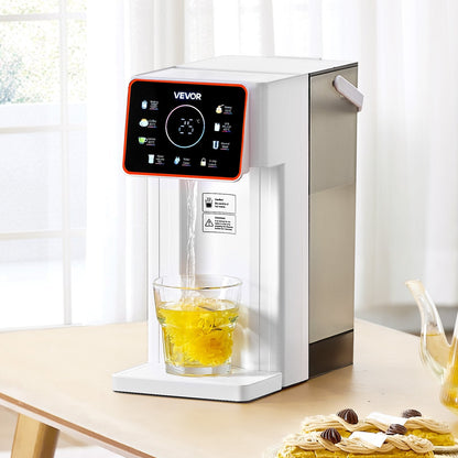 Pear Daisy countertop hot water dispenser with digital display, showing 6 temperature settings and 7 volume options on a kitchen countertop.