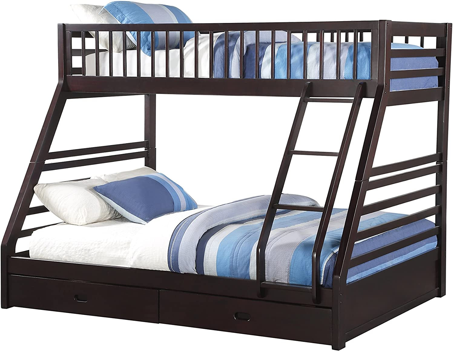 Espresso finish XL twin over queen bunk bed with built-in drawers by Peach Maple, showcasing sturdy wooden frame and storage options.