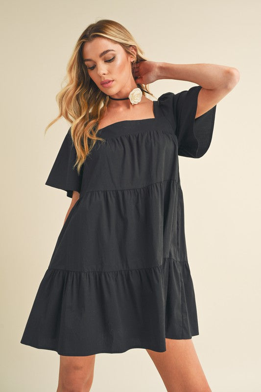 Jade Icarus Aemi + Co square neck half sleeve tiered dress for women, showing the layered design and square neckline.