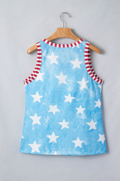 Byzantium Bay Americana Stars Stripe Trim round neck tank top for women, featuring patriotic stars and stripes detail.
