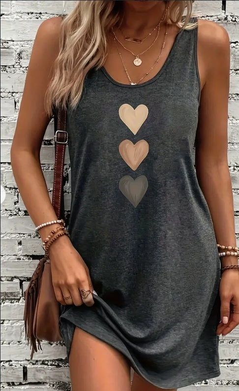 Pear Daisy vibrant heart print crew neck tank dress, soft and breathable, perfect for casual home and garden wear.