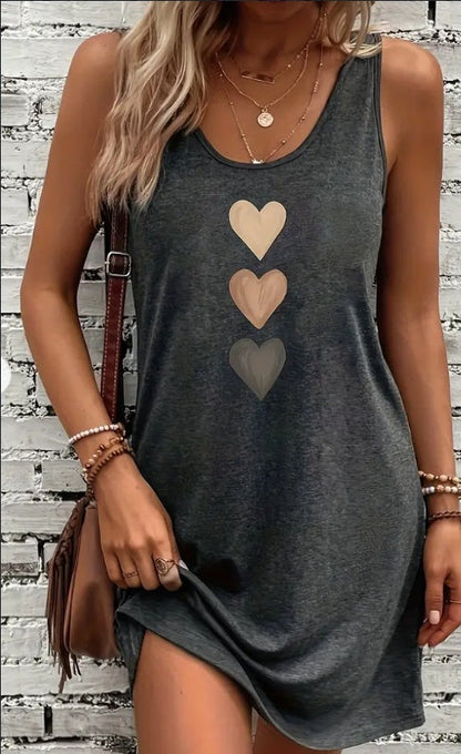 Pear Daisy vibrant heart print crew neck tank dress, soft and breathable, perfect for casual home and garden wear.