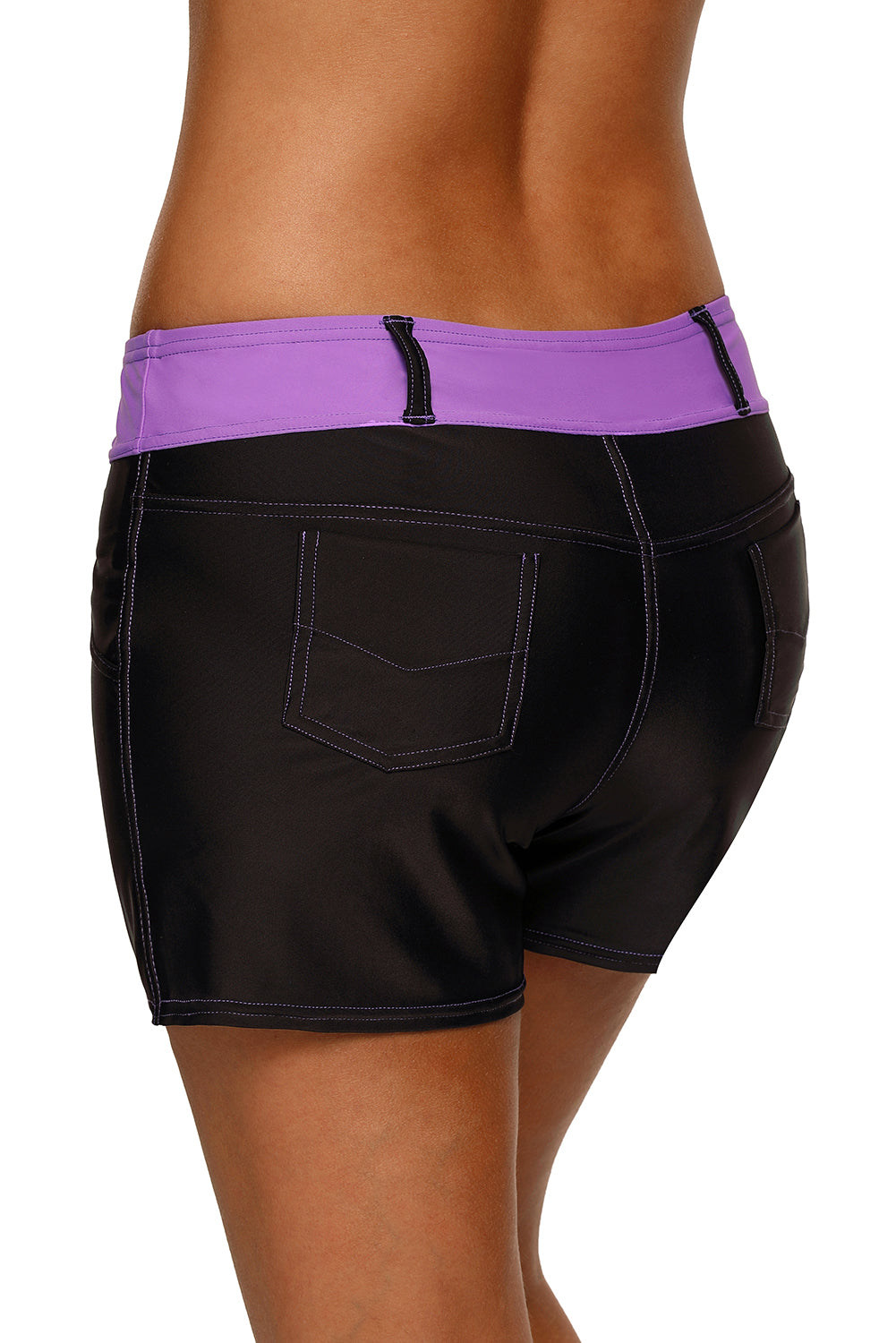 Purple waistband faux denim sports shorts for women by Lavender Pallas, featuring a stylish, casual fit and trendy design.