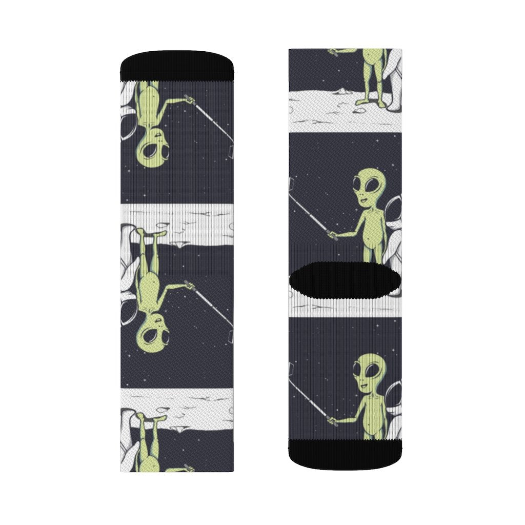 Yellow Pandora Funny Alien Selfie Socks featuring colorful alien cartoon designs on soft, playful sock fabric.