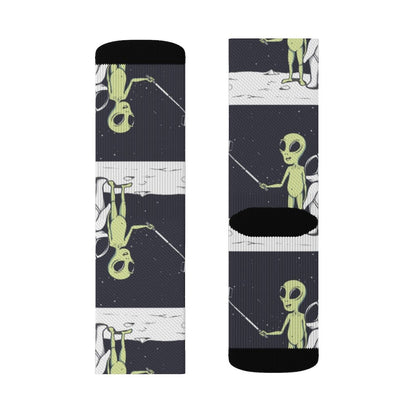 Yellow Pandora Funny Alien Selfie Socks featuring colorful alien cartoon designs on soft, playful sock fabric.