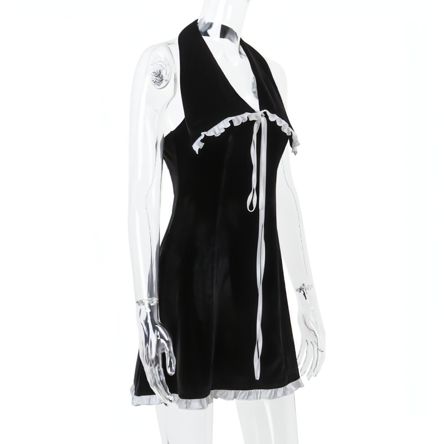 Backless suede halter dress with flounce trim and lace-up detail, slim-fit design by Carmine Juneberry for women.