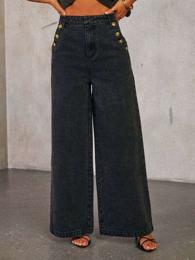Taupe Oliver high rise jeans with button decor, showcasing effortless style and fit for women in a casual setting.