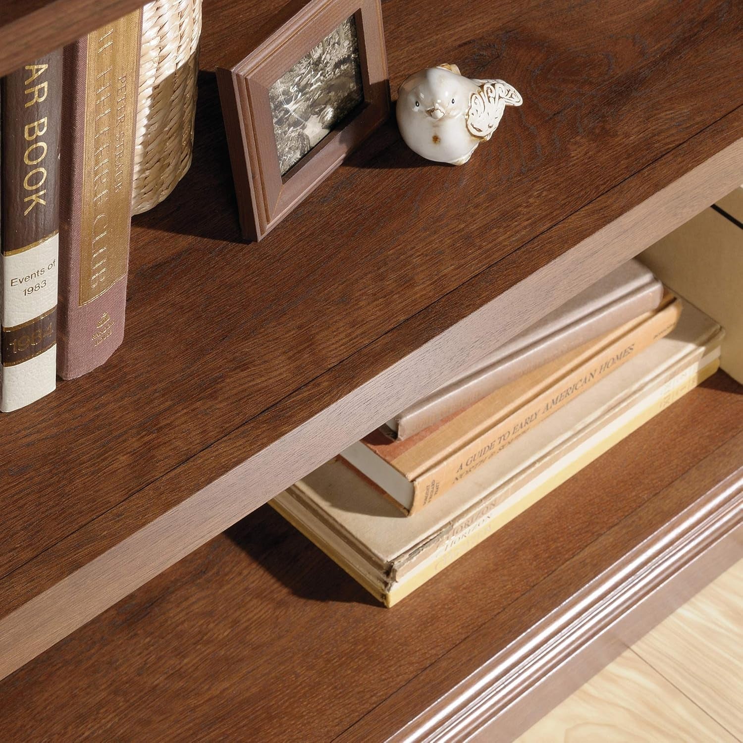 Two-tier wooden bookcase by Peach Maple with adjustable shelves in oiled oak, ideal for home storage and display.
