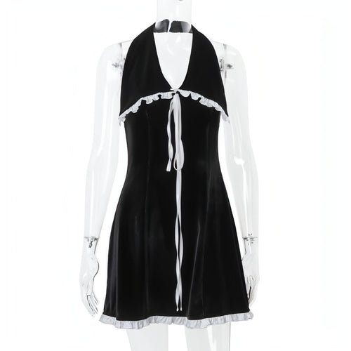Backless suede halter dress with flounce trim and lace-up back by Carmine Juneberry, slim-fit design for women.