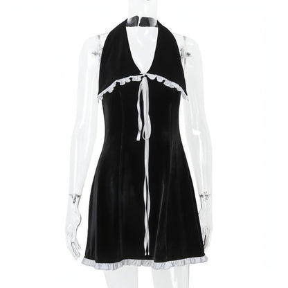 Backless suede halter dress with flounce trim and lace-up back by Carmine Juneberry, slim-fit design for women.