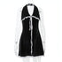 Backless suede halter dress with flounce trim and lace-up back by Carmine Juneberry, slim-fit design for women.