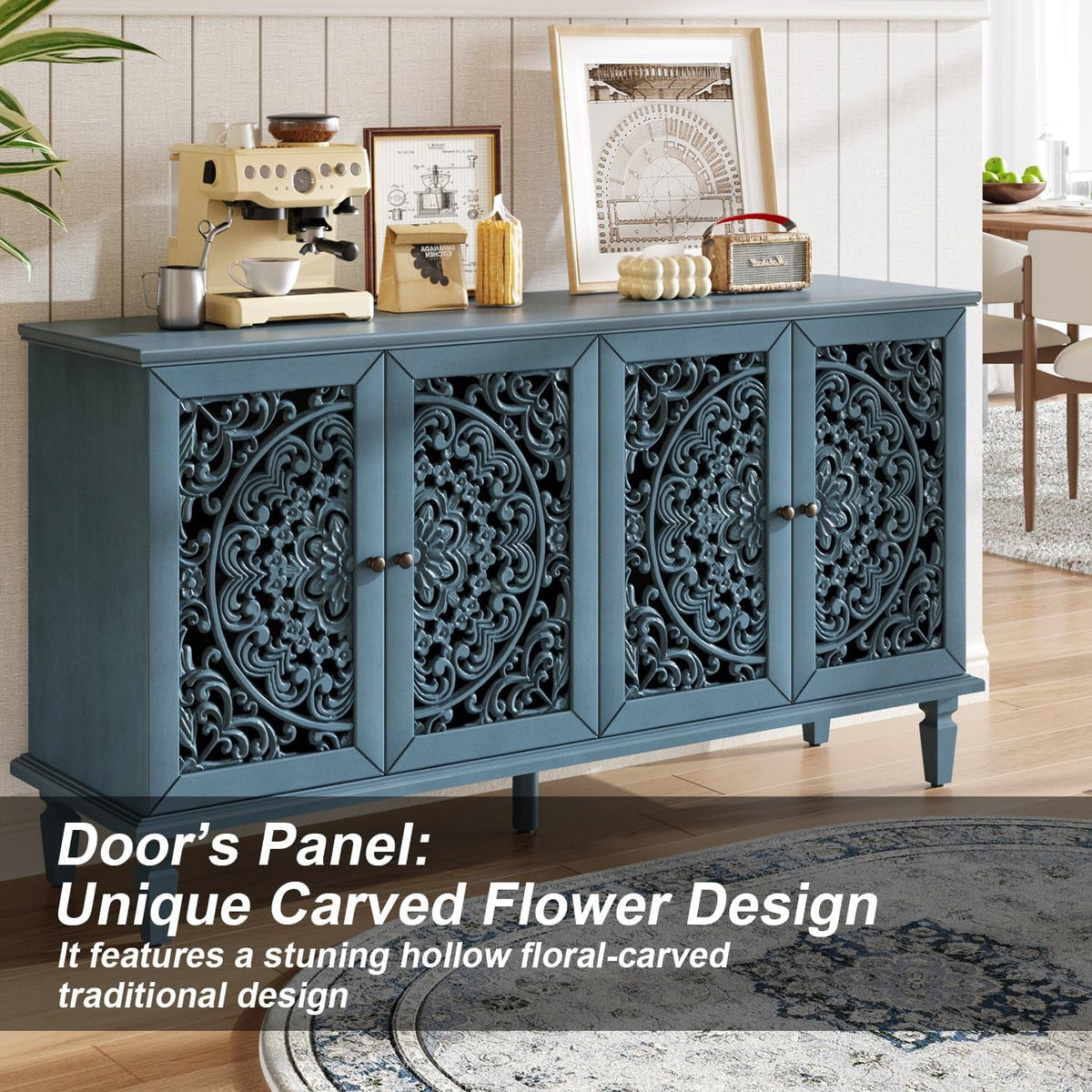 Vintage Sixty Inch Hollow Carved Console Sideboard