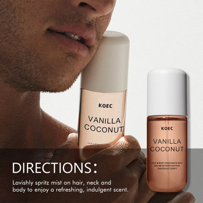 Carmine Juneberry KOEC™ Vanilla Hair &amp; Body Spray for Men, featuring smooth, warm, masculine scent with a sleek spray bottle.