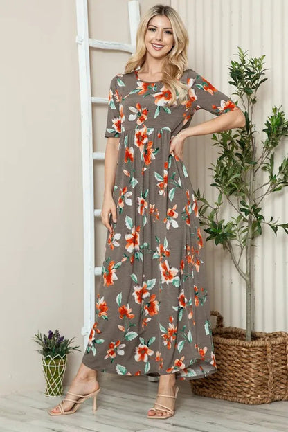 Jade Icarus BOMBOM floral round neck short sleeve maxi tee dress for women, featuring a vibrant floral pattern and comfortable fit.